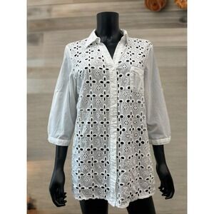 August Silk Shirt Top Blouse Button Down White Eyelet Roll‎ Tab Sleeve XL cotton